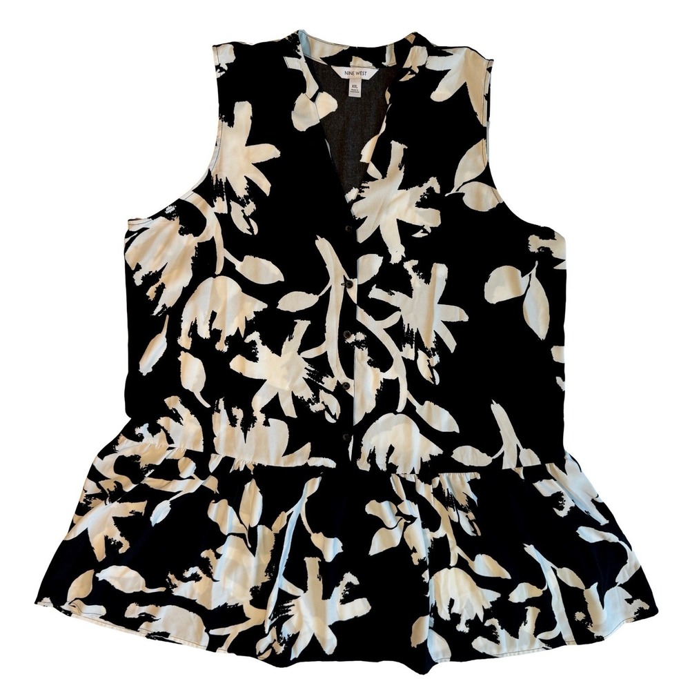 Nine West Women's XXL Sleeveless Floral Button Front Drop Waist Ruffle Hem Dress